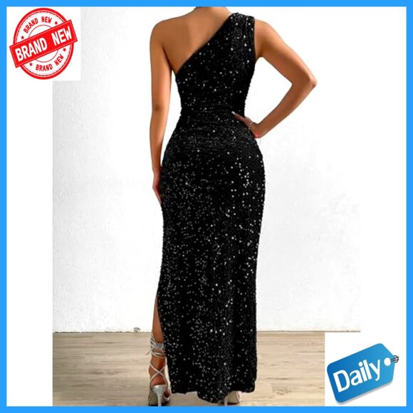 Sequin One Shoulder Bodycon Maxi Dress Elegant Formal Evening Party Gown - Picture 5 of 6